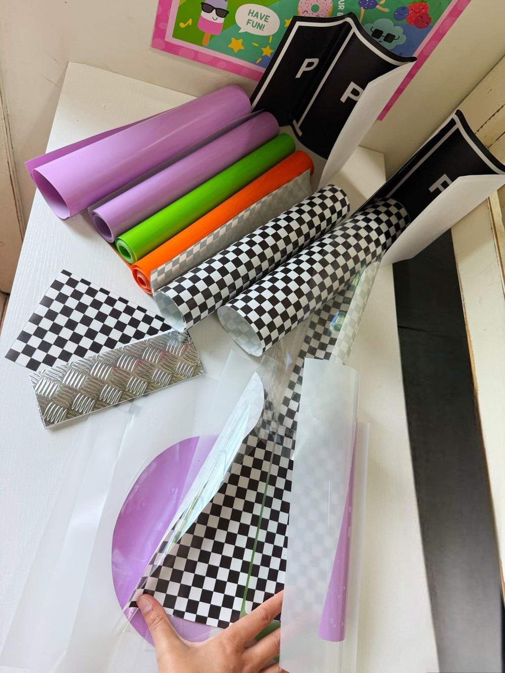 Lot of Adhesive Vinyl Lavender Bright Orange Bright Green Checkered Monster Jam